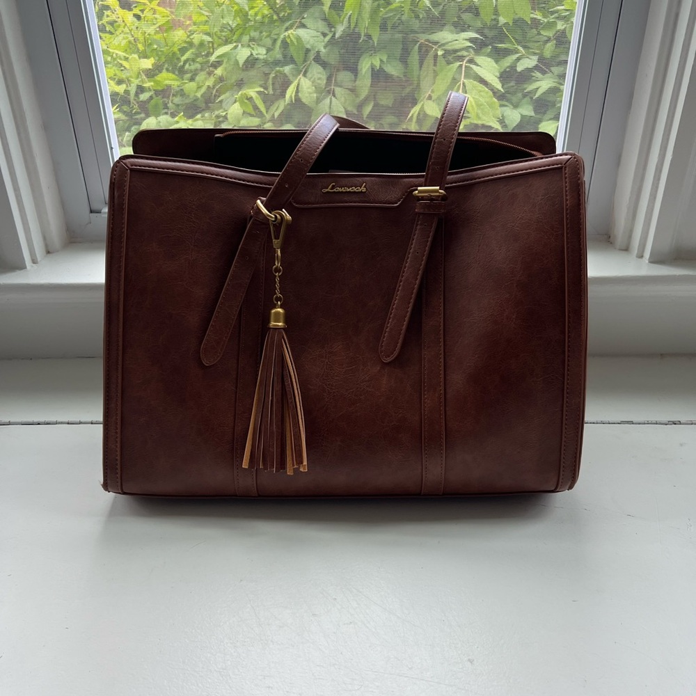 Sophisticated Brown Leather Laptop Bag with Tassel Detail